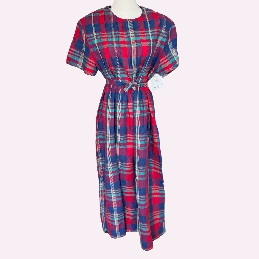NWT Vintage TR Bentley Red Blue Plaid Linen Cotton Tie Back Prairie Dress Size12